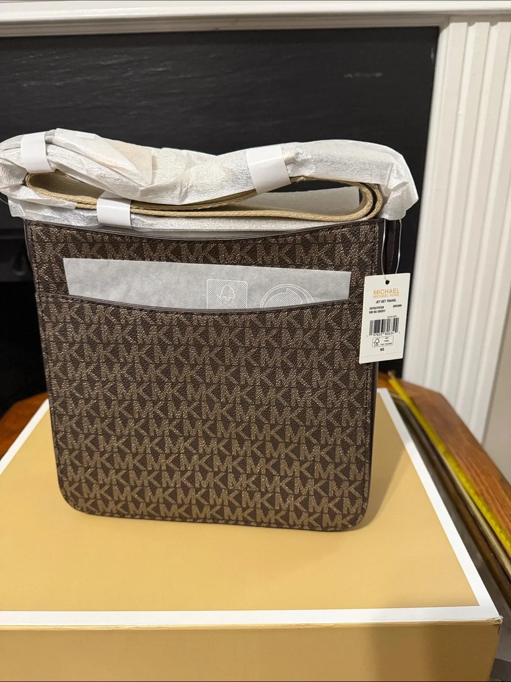 Michael Kors Brown Logo Messenger with White and Gold Stripe